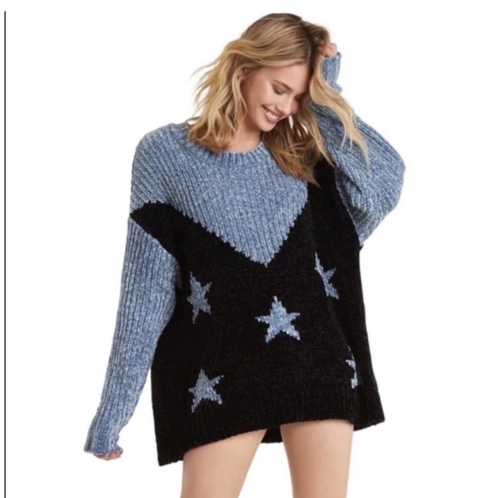 Wildfox Splendor Astral Oversized Sweater chenille knit Star Blue‎ Black Size XS
